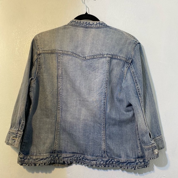 Chico’s Platinum Ruffled Jean jacket with rhinestone pockets and buttons.Size 8 - Picture 5 of 12